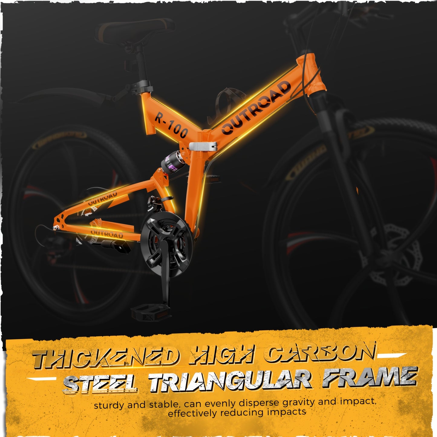 26 Inch Adult Folding Mountain Bike with 21 Speeds Full Suspension Dual Disc Brake High Carbon Steel Frame Foldable Bicycle for Men Women and Teen Black and Orange