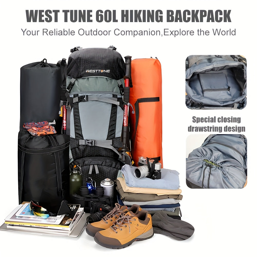 15.85 Gallon High Quality Hiking Backpack with Rain Cover Lightweight Camping Gear for Outdoor Adventures Black Adjustable Straps and Multiple Compartments