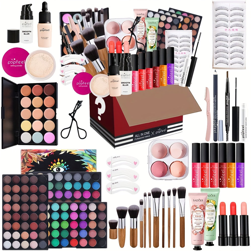 [All-in-one Makeup] MAKEUP GIFT SET - Contains Eye Shadow Eyeliner Eyebrow Pencil Lipstick Lip Gloss Base Makeup Foundation Loose Powder and matching Brush and Sponge Puff, a complete makeup gift set, Ideal Gift for Mother's