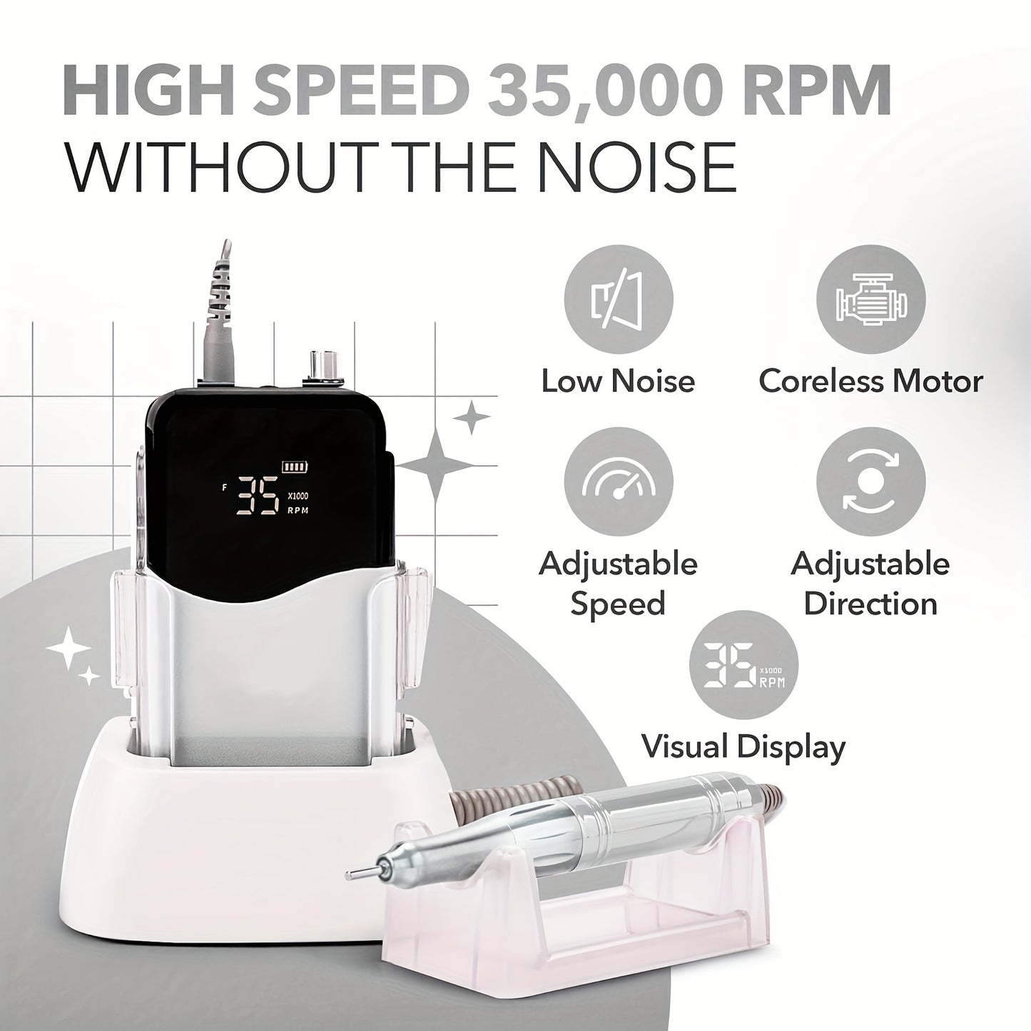 35000 RPM Rechargeable Nail Drill Machine with HD Display Cordless Electric Nail Drill for Salon and Home Use in Unicorn Purple Silvery White Black Golden Blue