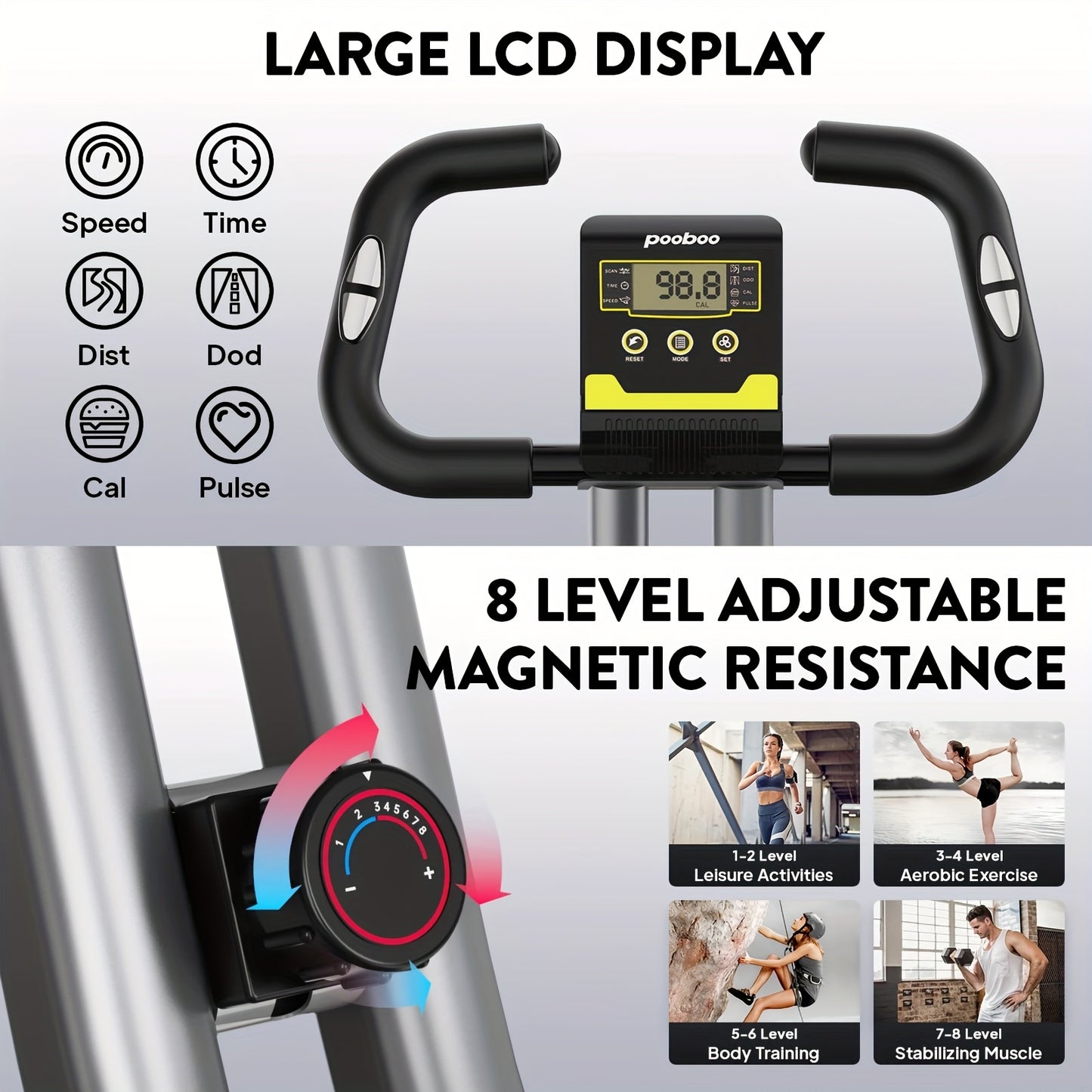 Pooboo Folding Exercise Bike Indoor Stationary Cycling Bicycle Upright Magnetic Workout Bicycle with Dumbbells and Resistance Bands Maximum Weight 300 Pounds Without Battery