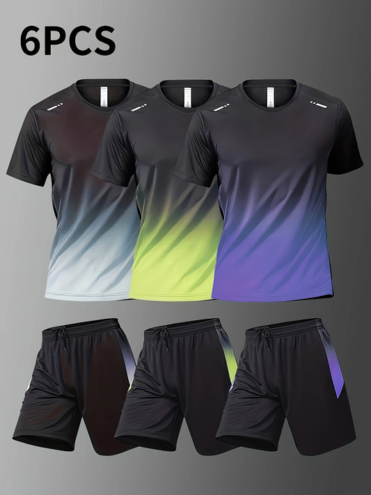 Men's Summer Basketball Training Running Set with Gradient Short Sleeve T-Shirt and Quick-Drying Shorts - Three Piece Combo