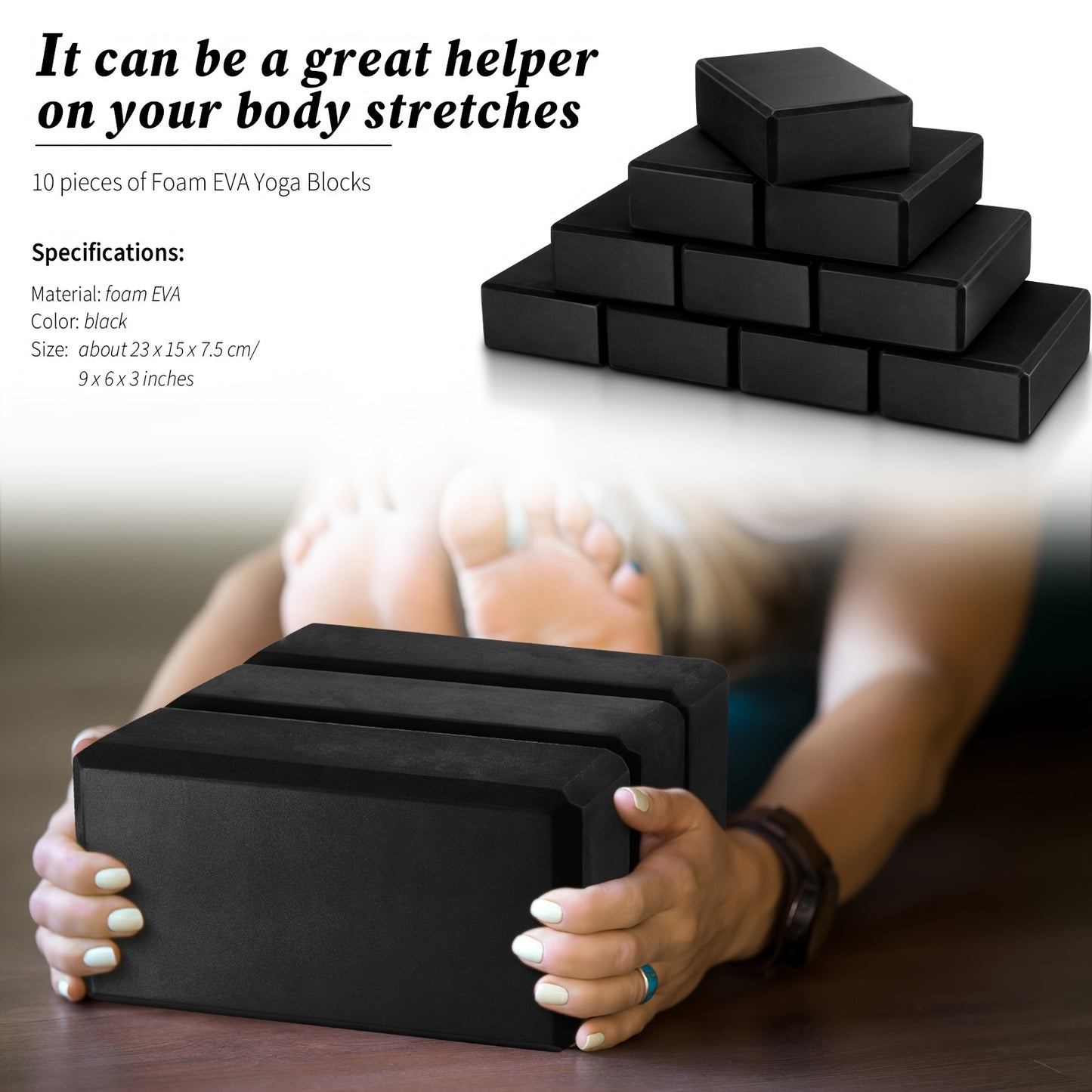 10pcs OUTUS Foam EVA Yoga Blocks - Lightweight Non-Slip Supportive Yoga Blocks for Pilates, Stretching & Meditation, Bulk Yoga Prop with Textured Surface & Solid Black, Yoga Accessories for Women & Men, Yoga Accessories, Pila