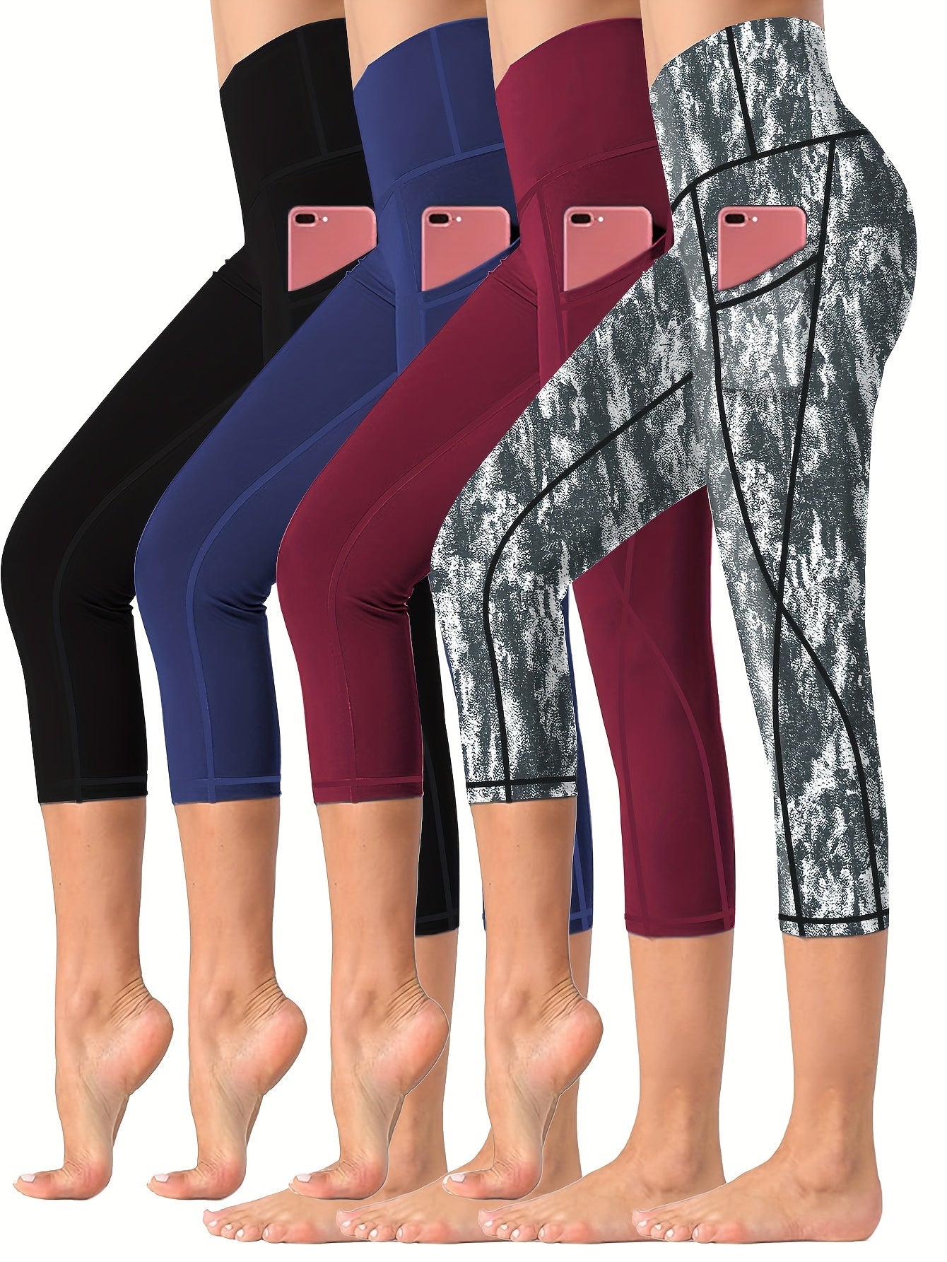 4 Pieces High Waisted Yoga Capris Leggings with Pockets Stretchy Printed Fitness and Running Tights Assorted Colors for Women