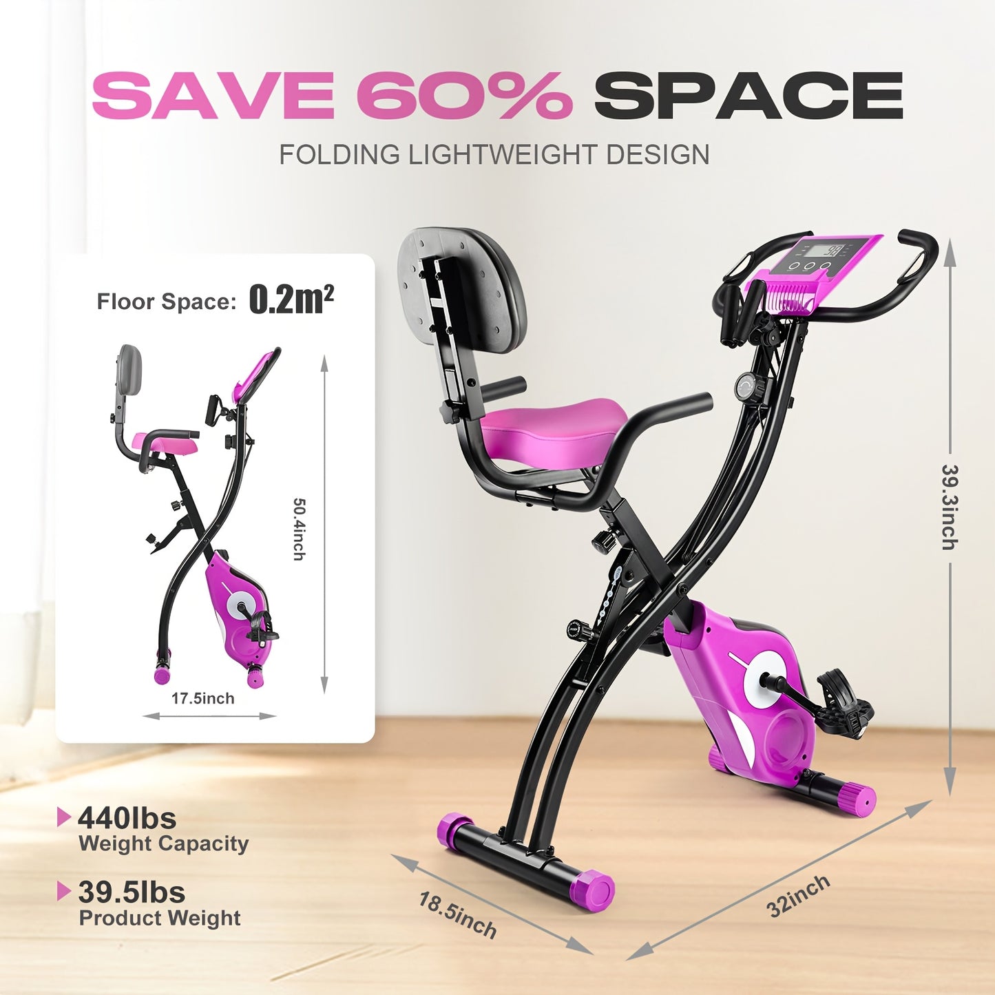 Purple Folding Exercise Bike with Adjustable Magnetic Resistance Digital Display Comfort Seat Cushion Support Back Pad Arm Resistance Bands Pulse Sensor Battery Powered Indoor Cycling Bike for Home Gym Workouts