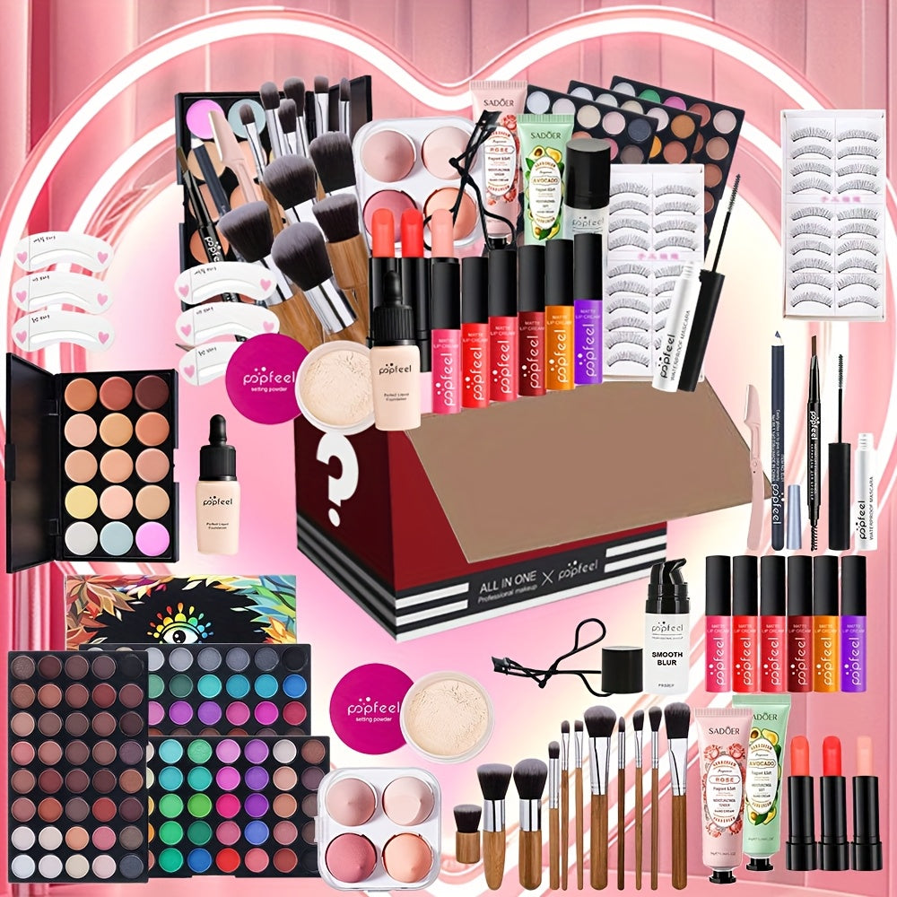 [All-in-one Makeup] MAKEUP GIFT SET - Contains Eye Shadow Eyeliner Eyebrow Pencil Lipstick Lip Gloss Base Makeup Foundation Loose Powder and matching Brush and Sponge Puff, a complete makeup gift set, Ideal Gift for Mother's