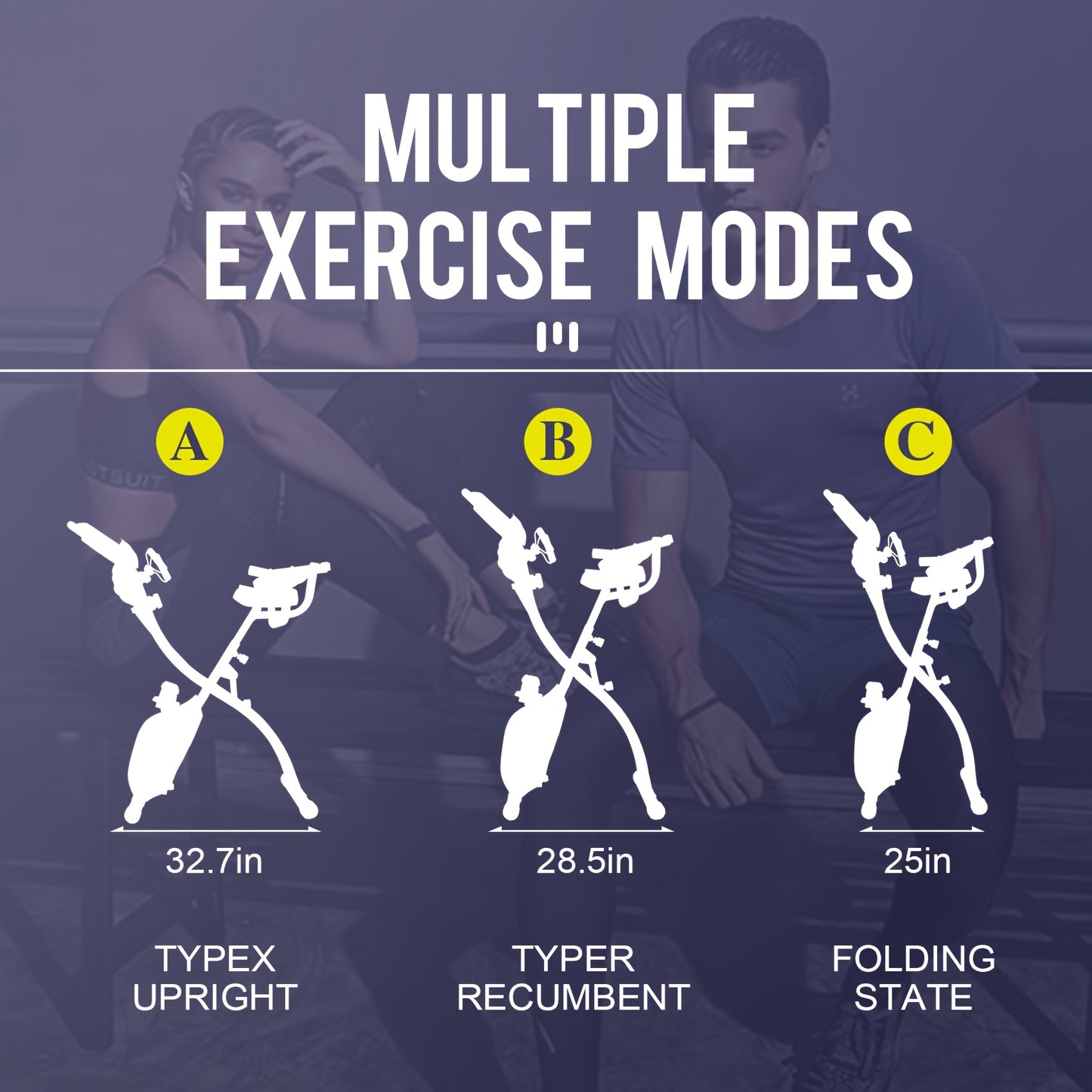 Purple Folding Exercise Bike with Adjustable Magnetic Resistance Digital Display Comfort Seat Cushion Support Back Pad Arm Resistance Bands Pulse Sensor Battery Powered Indoor Cycling Bike for Home Gym Workouts