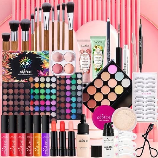 [All-in-one Makeup] MAKEUP GIFT SET - Contains Eye Shadow Eyeliner Eyebrow Pencil Lipstick Lip Gloss Base Makeup Foundation Loose Powder and matching Brush and Sponge Puff, a complete makeup gift set, Ideal Gift for Mother's