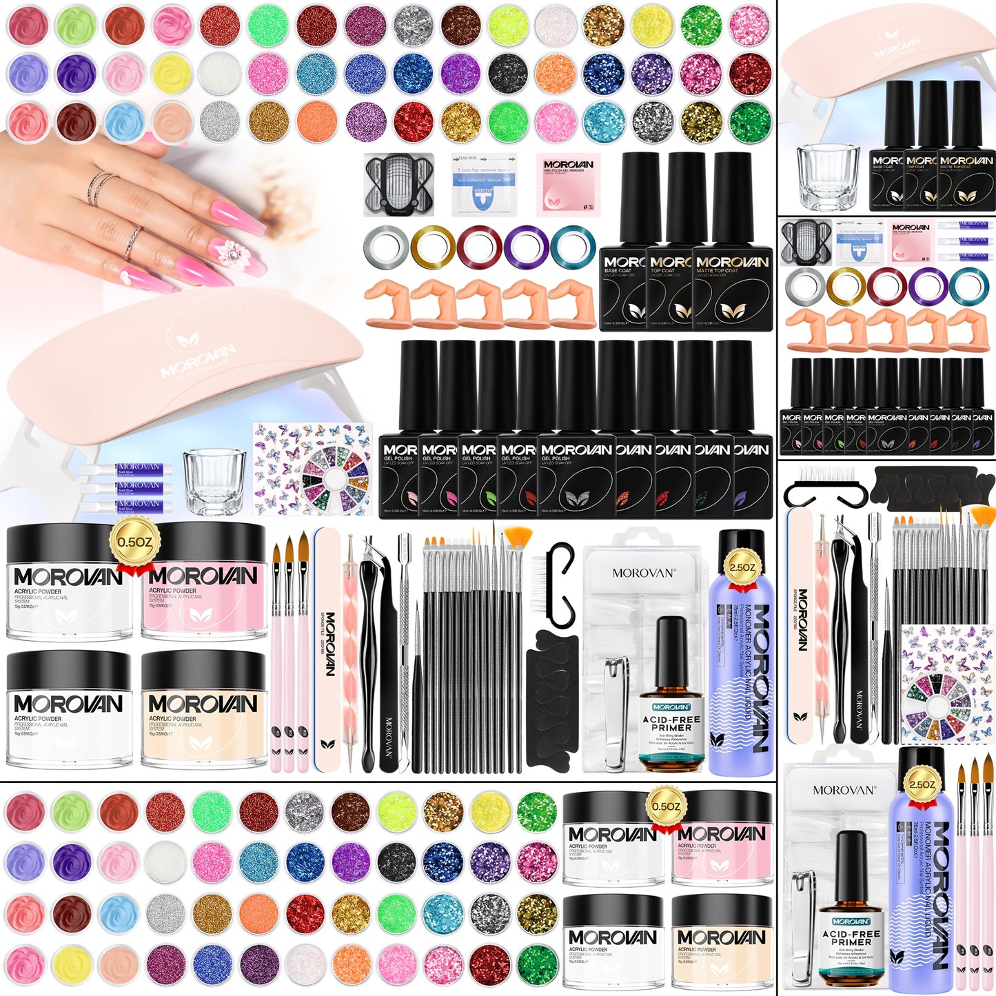 Morovan Beginner Professional Acrylic Nail Kit with Mouse Light Base and Top Coat Clear and Pink Acrylic Powder False Nail Tips Polishing Tools Glitter and More DIY All in One Professional Manicure Starter Kit