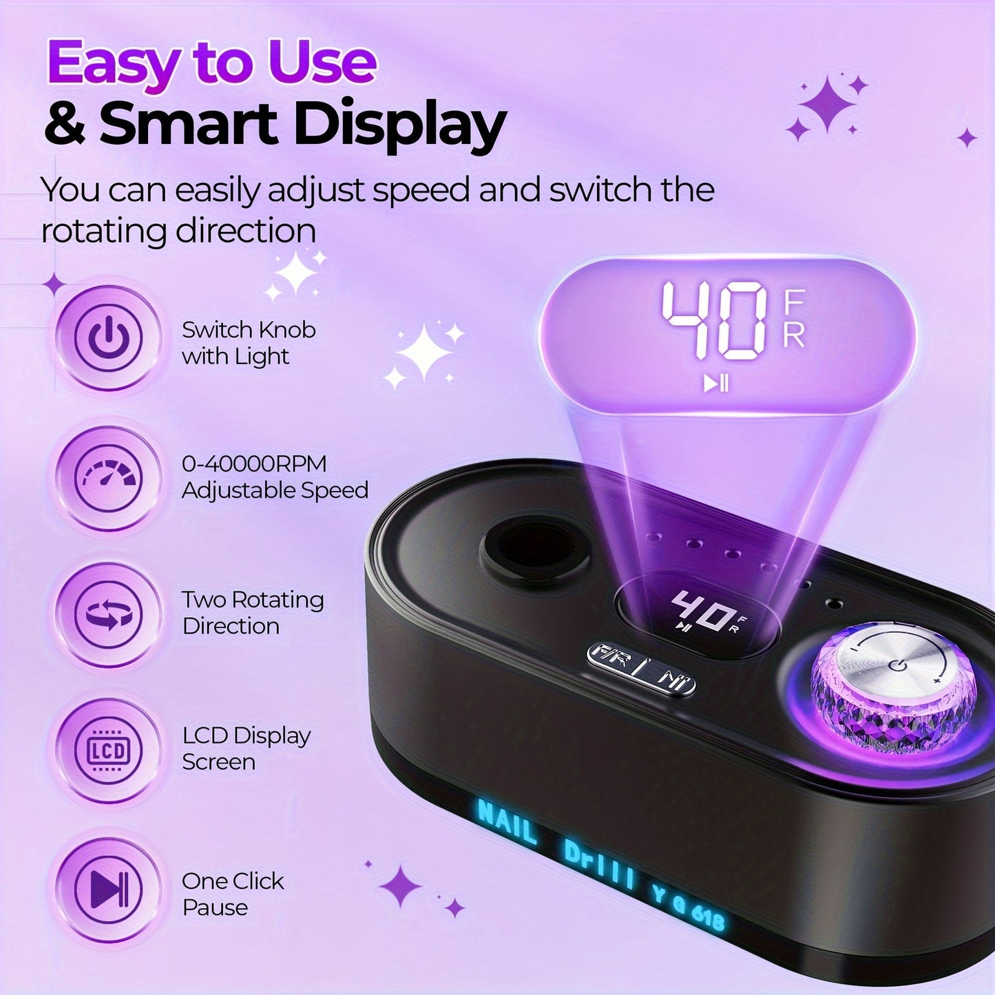 Electric Nail Drill Machine 40000RPM Professional Efile Nail Drill Kit High Speed Low Heat Low Noise Low Vibration Electric Nail File For Acrylic Gel Nails Toenail Shaping Buffing Grinder Manicure Pedicure Polishing