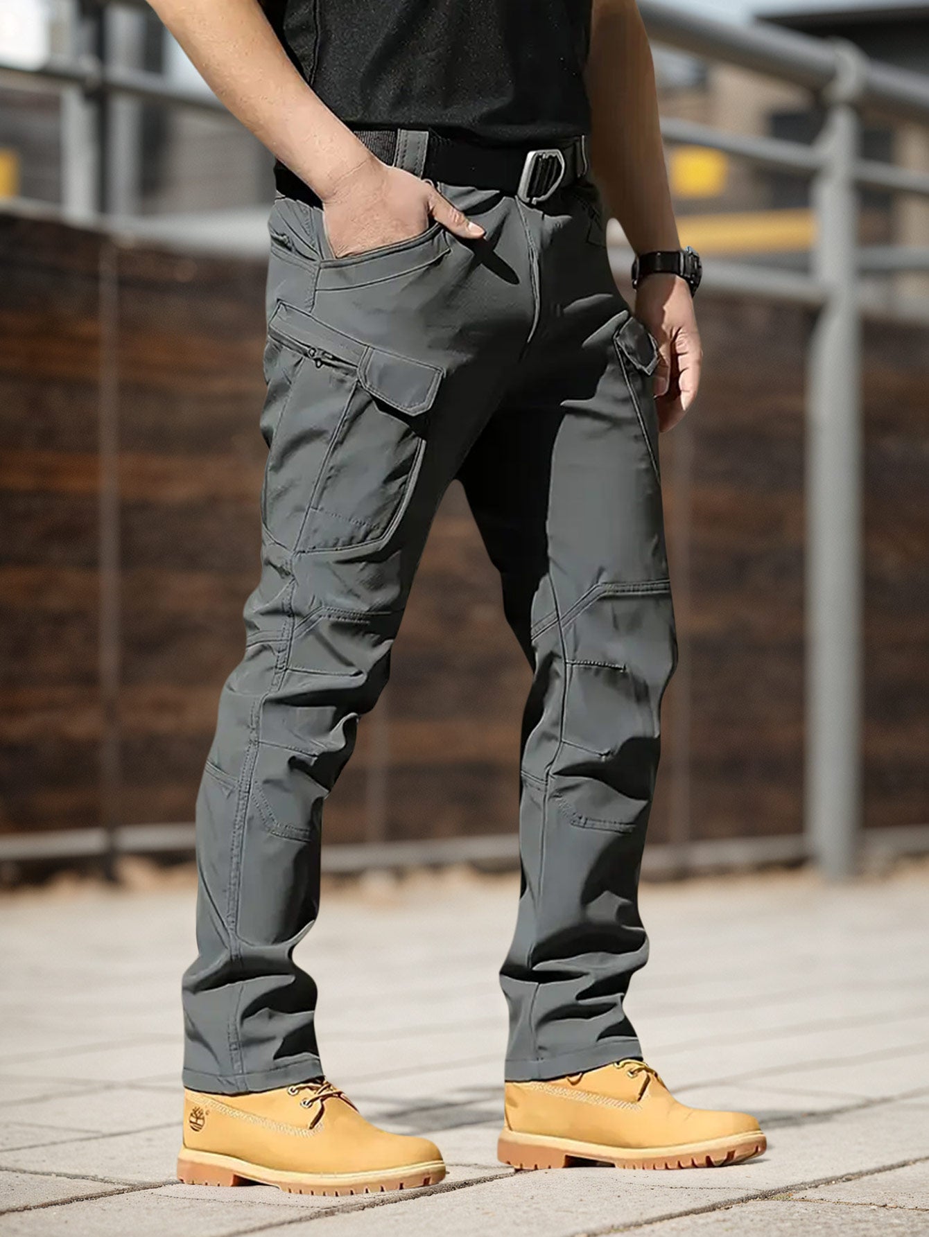 4PCS Comfy Outdoor Mountaineering Cargo Pants for Men Solid Color Drawstring Waist Casual Style Breathable Fabric