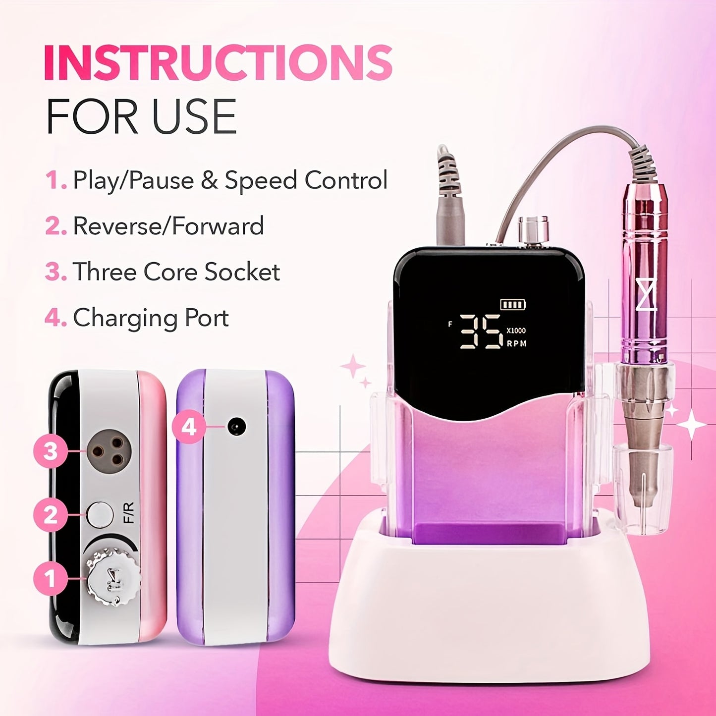 35000 RPM Rechargeable Nail Drill Machine with HD Display Cordless Electric Nail Drill for Salon and Home Use in Unicorn Purple Silvery White Black Golden Blue