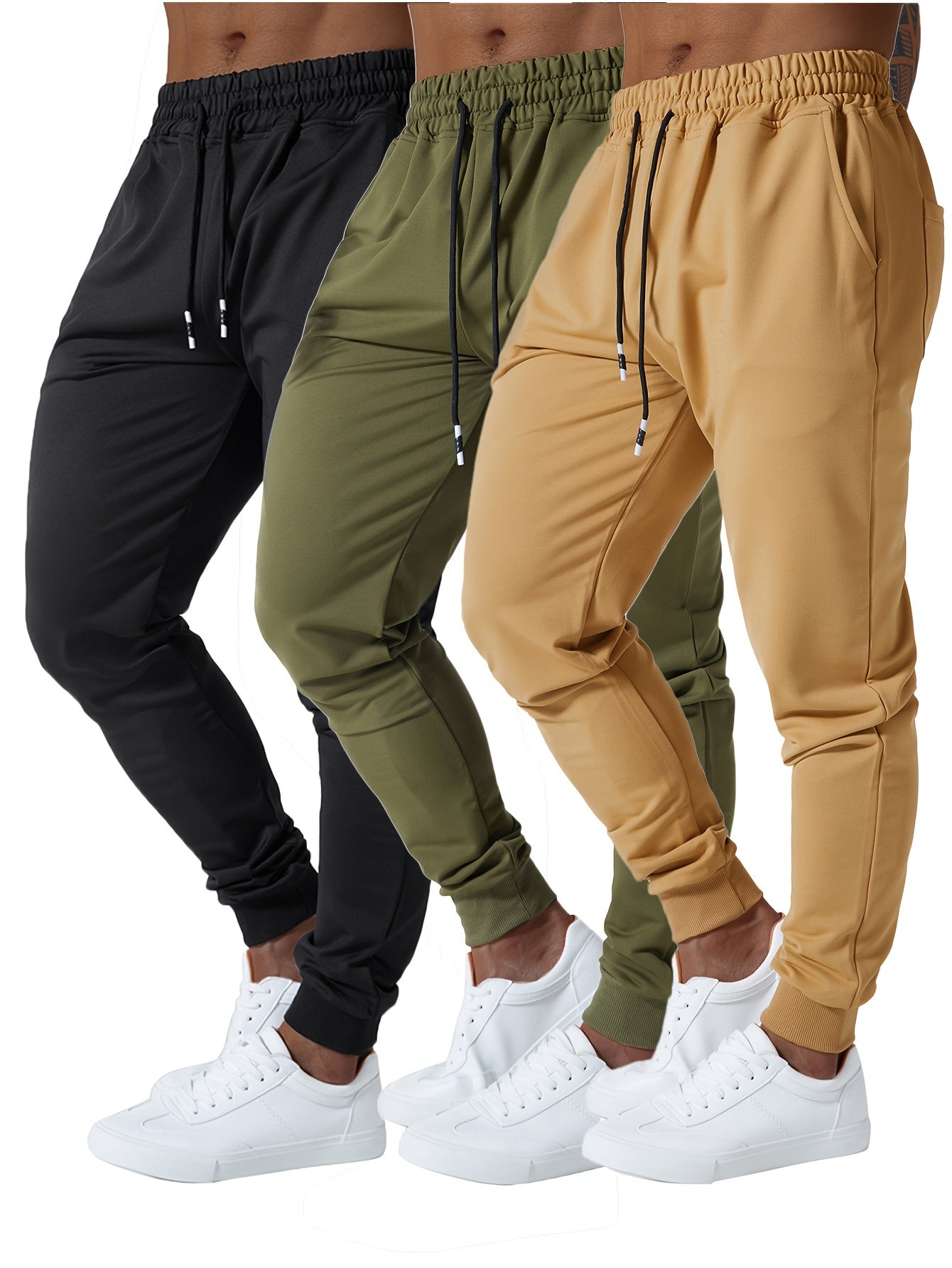 3PCS Men's Jogger Sweatpants Ultra Elastic Waist with Deep Side Pockets Cotton Blend Ideal for Gym and Running Machine Washable Black Navy Gray