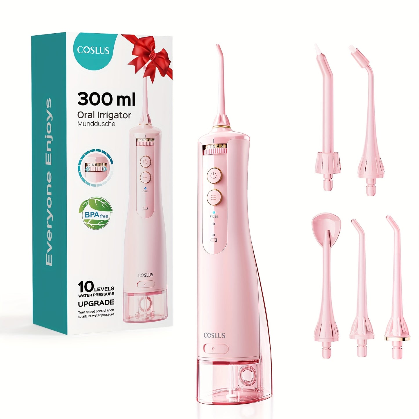 Coslus Water Dental Flosser Teeth Pick Portable Cordless Rechargeable Oral Irrigator 10 Settings 300oz Large Reservoir Electric Flossing Cleaner for Deep Cleaning Gum Health USB Charging Pink