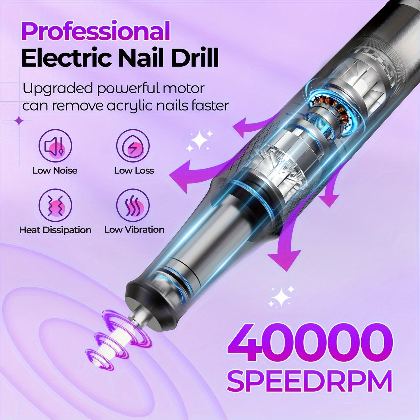 Electric Nail Drill Machine 40000RPM Professional Efile Nail Drill Kit High Speed Low Heat Low Noise Low Vibration Electric Nail File For Acrylic Gel Nails Toenail Shaping Buffing Grinder Manicure Pedicure Polishing