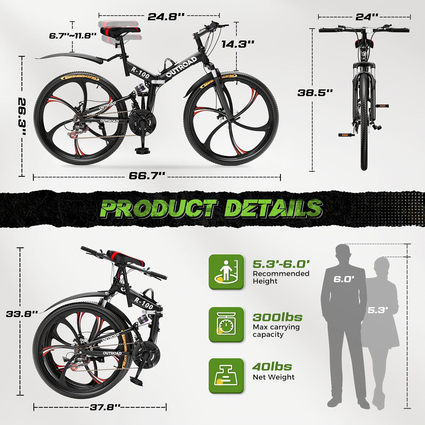 26 Inch Adult Folding Mountain Bike with 21 Speeds Full Suspension Dual Disc Brake High Carbon Steel Frame Foldable Bicycle for Men Women and Teen Black and Orange