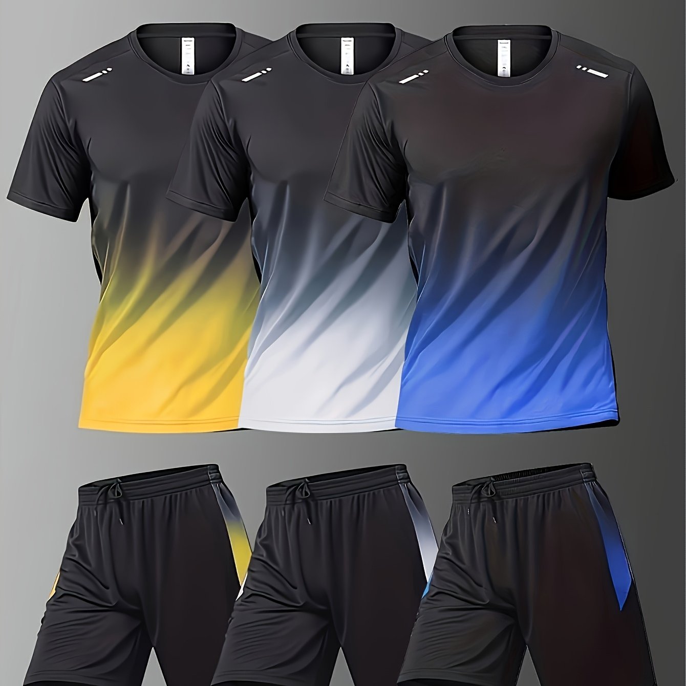 Men's Summer Basketball Training Running Set with Gradient Short Sleeve T-Shirt and Quick-Drying Shorts - Three Piece Combo