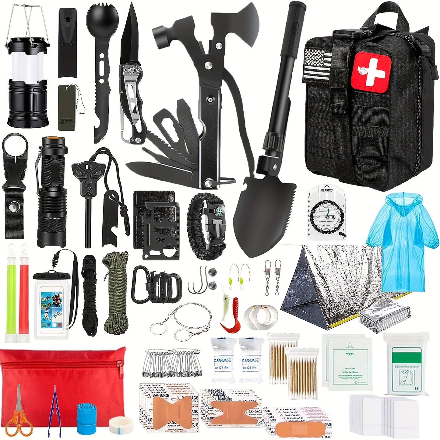 Survival Kit Bag with Folding Shovel and Multi Function Axe Emergency Lighting Set Emergency Blanket for Outdoor Adventure Hiking Hunting Lightweight Camping Essentials