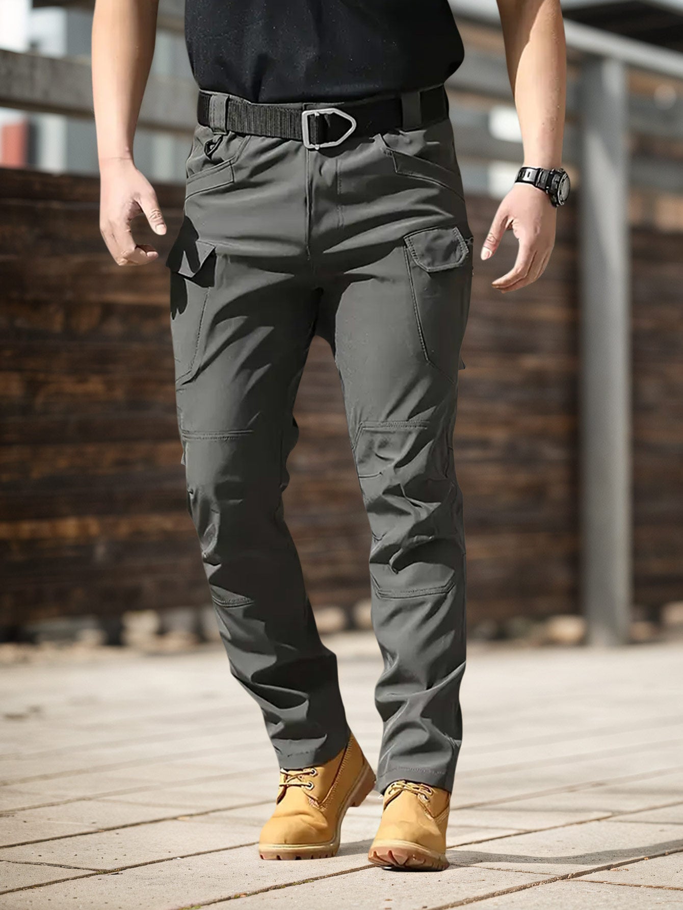 4PCS Comfy Outdoor Mountaineering Cargo Pants for Men Solid Color Drawstring Waist Casual Style Breathable Fabric
